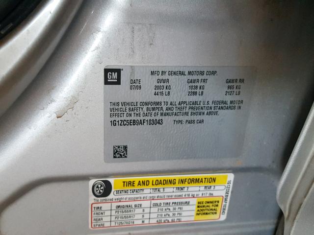 1G1ZC5EB9AF103043 - 2010 CHEVROLET MALIBU 1LT SILVER photo 10