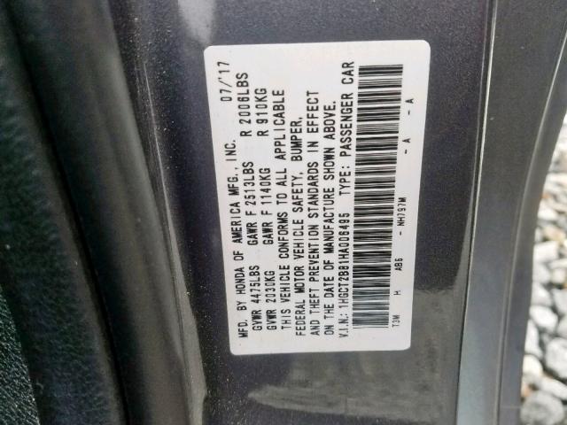 1HGCT2B81HA006495 - 2017 HONDA ACCORD EXL GRAY photo 10