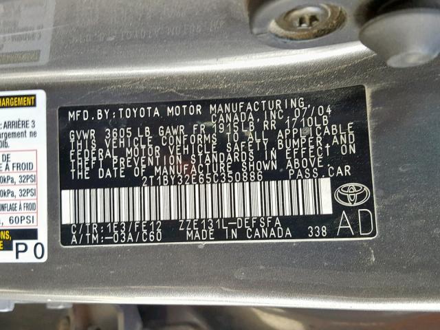 2T1BY32E65C350886 - 2005 TOYOTA COROLLA XR CHARCOAL photo 10