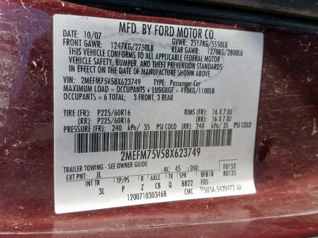 2MEFM75V58X623749 - 2008 MERCURY GRAND MARQ MAROON photo 10