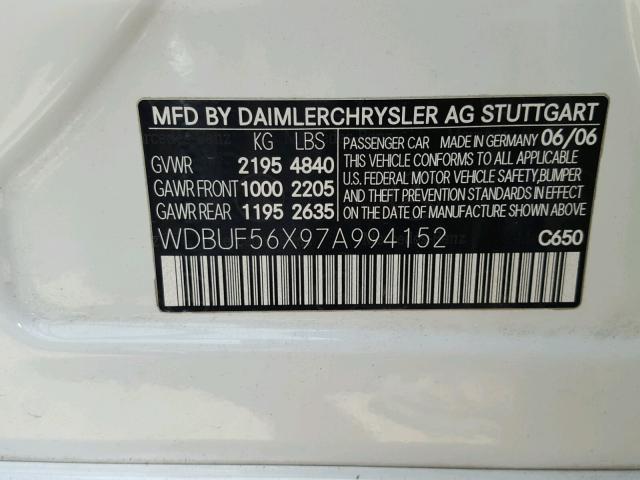 WDBUF56X97A994152 - 2007 MERCEDES-BENZ E 350 WHITE photo 10