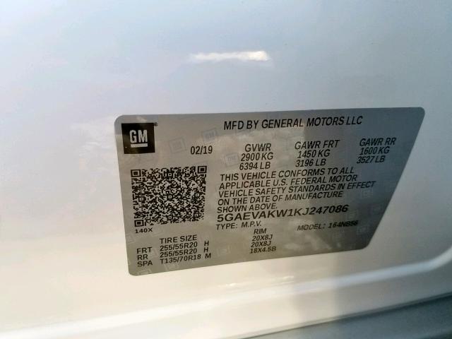 5GAEVAKW1KJ247086 - 2019 BUICK ENCLAVE ES WHITE photo 10