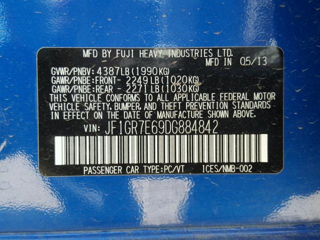 JF1GR7E69DG884842 - 2013 SUBARU IMPREZA WR BLUE photo 10