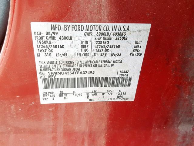 1FMNU43S4YEA37495 - 2000 FORD EXCURSION RED photo 10