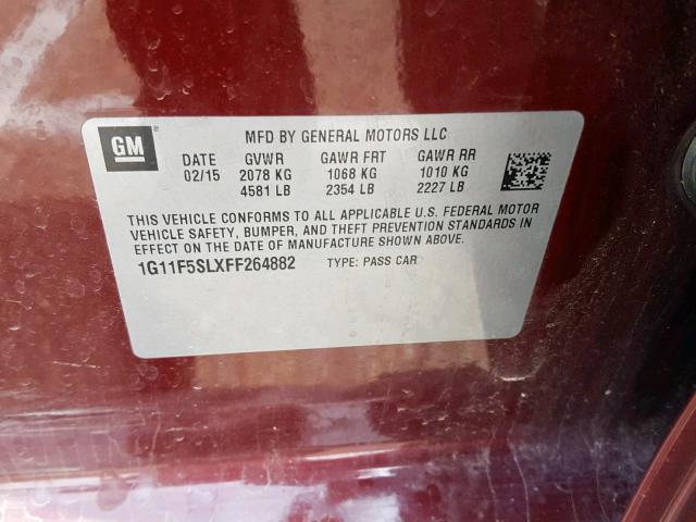 1G11F5SLXFF264882 - 2015 CHEVROLET MALIBU LTZ ბურგუნდია ფოტო 10