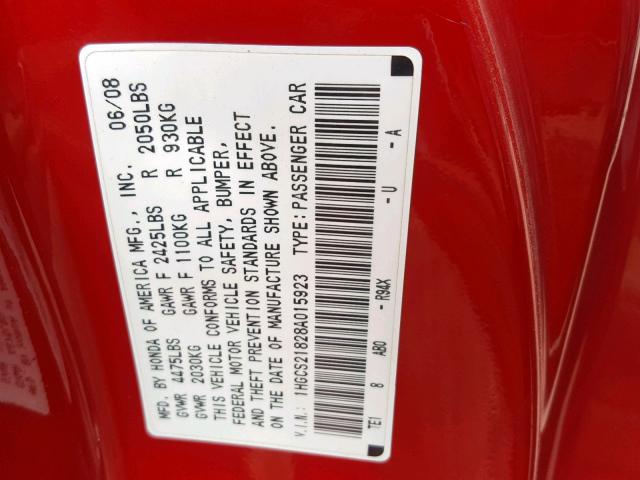 1HGCS21828A015923 - 2008 HONDA ACCORD EXL RED photo 10