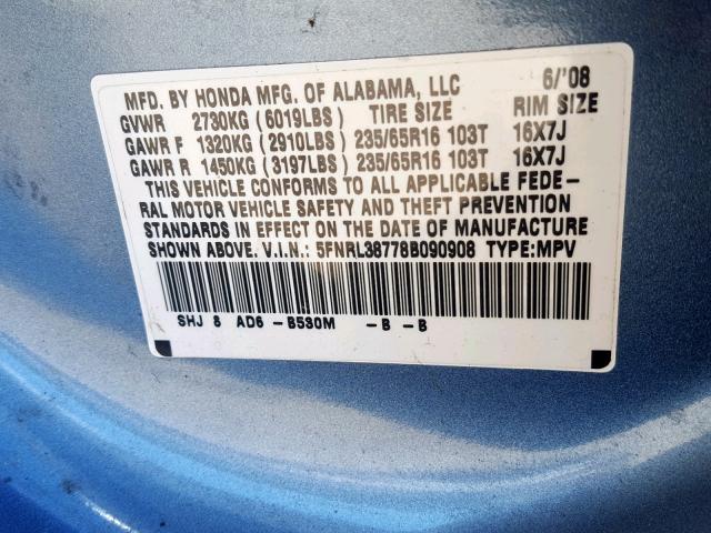 5FNRL38778B090908 - 2008 HONDA ODYSSEY EX BLUE photo 10