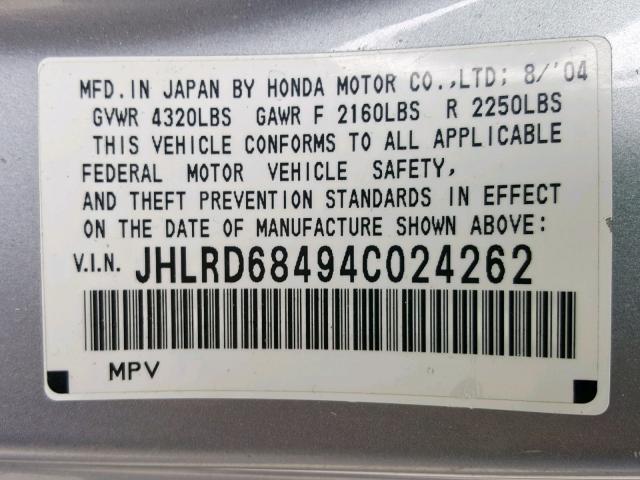 JHLRD68494C024262 - 2004 HONDA CR-V LX SILVER photo 10