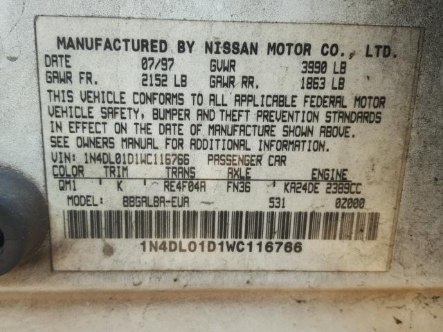 1N4DL01D1WC116766 - 1998 NISSAN ALTIMA XE WHITE photo 10