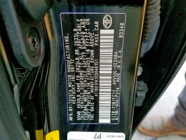 4T1BD1FK1CU046151 - 2012 TOYOTA CAMRY HYBR BLACK photo 10