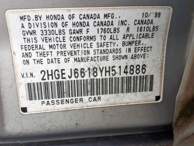 2HGEJ6618YH514886 - 2000 HONDA CIVIC BASE SILVER photo 10