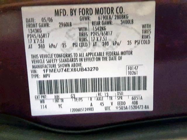 1FMEU74EX6UB43270 - 2006 FORD EXPLORER E BURGUNDY photo 10