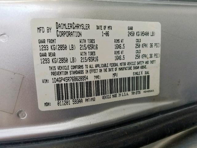 1D4GP45R76B628954 - 2006 DODGE CARAVAN SX SILVER photo 10