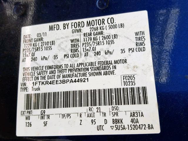 1FTKR4EE3BPA44921 - 2011 FORD RANGER SUP BLUE photo 10