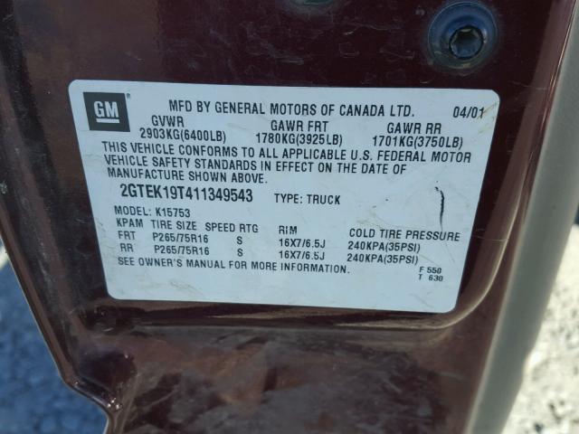 2GTEK19T411349543 - 2001 GMC NEW SIERRA BURGUNDY photo 10