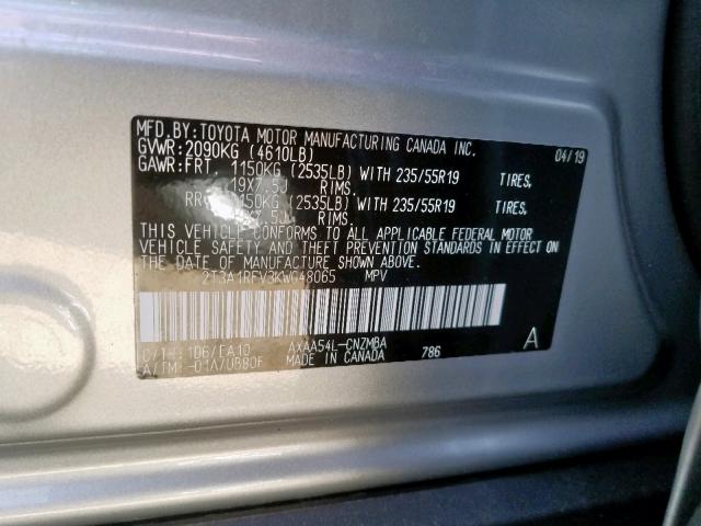 2T3A1RFV3KW048065 - 2019 TOYOTA RAV4 XLE P SILVER photo 10