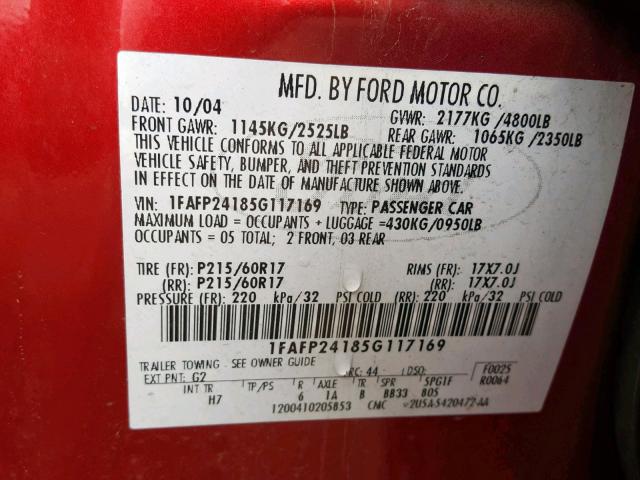 1FAFP24185G117169 - 2005 FORD FIVE HUNDR RED photo 10