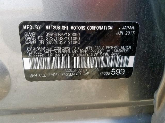 JA32U2FU2HU013838 - 2017 MITSUBISHI LANCER ES GRAY photo 10