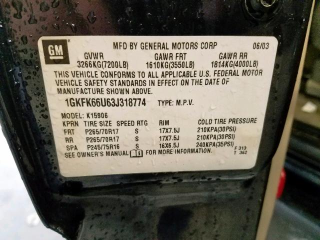 1GKFK66U63J318774 - 2003 GMC YUKON XL D BLACK photo 10