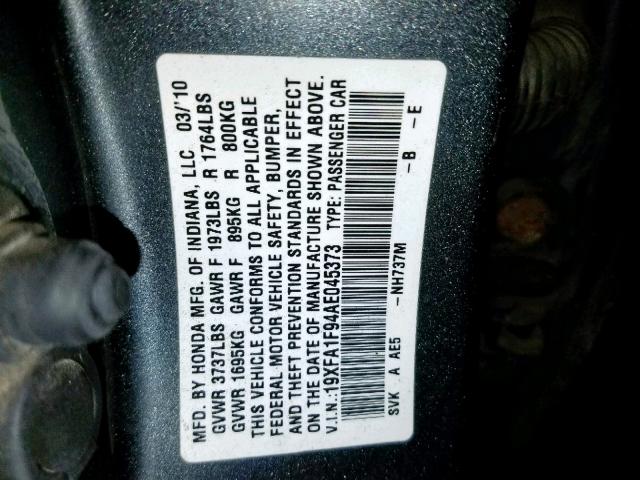 19XFA1F94AE045373 - 2010 HONDA CIVIC EXL 灰色 照片 10