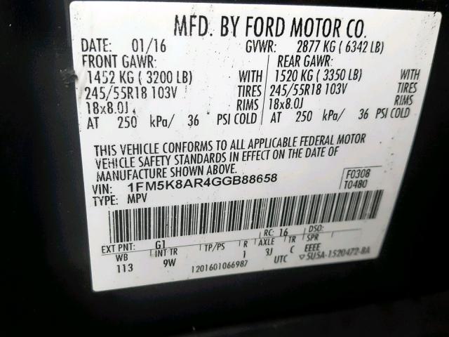 1FM5K8AR4GGB88658 - 2016 FORD EXPLORER P BLACK photo 10