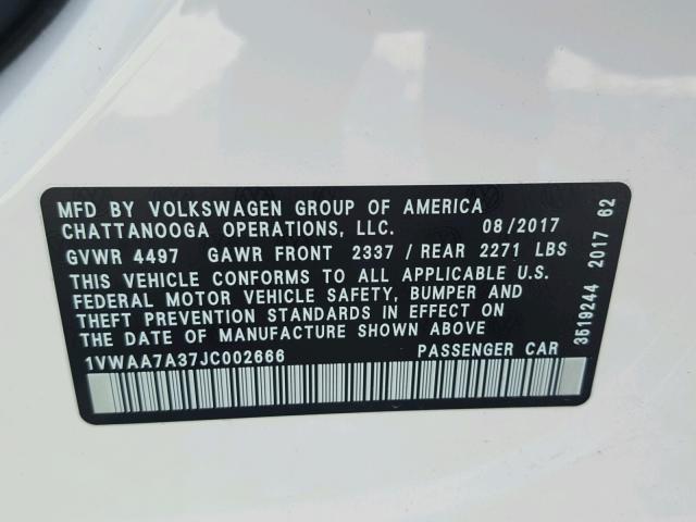 1VWAA7A37JC002666 - 2018 VOLKSWAGEN PASSAT S WHITE photo 10