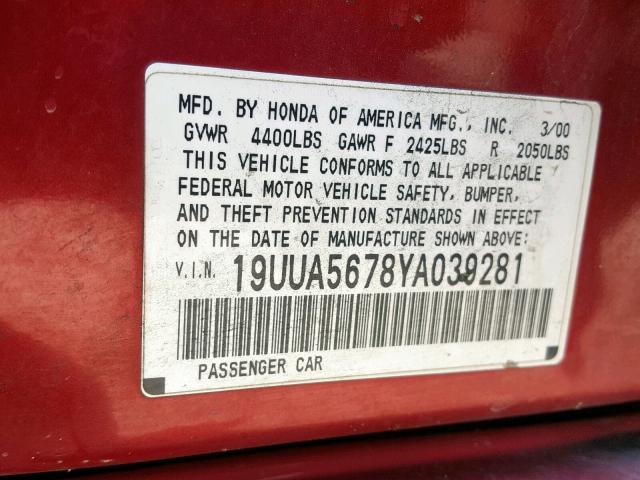 19UUA5678YA039281 - 2000 ACURA 3.2TL RED photo 10