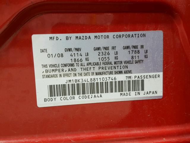 JM1BK34L881103746 - 2008 MAZDA SPEED 3 RED photo 10