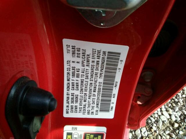 JHMZE2H72DS001312 - 2013 HONDA INSIGHT EX RED photo 10