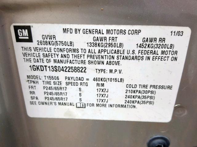 1GKDT13S042258822 - 2004 GMC ENVOY SILVER photo 10