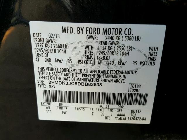 2FMDK3JC6DBB83538 - 2013 FORD EDGE SEL BLACK photo 10