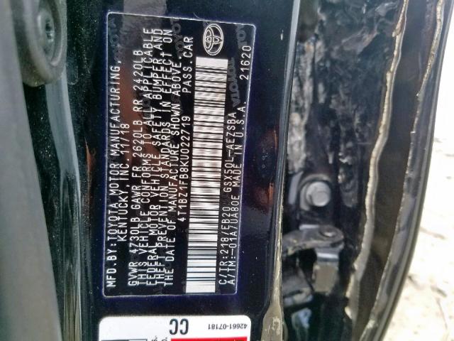 4T1BZ1FB8KU022719 - 2019 TOYOTA AVALON XLE BLACK photo 10