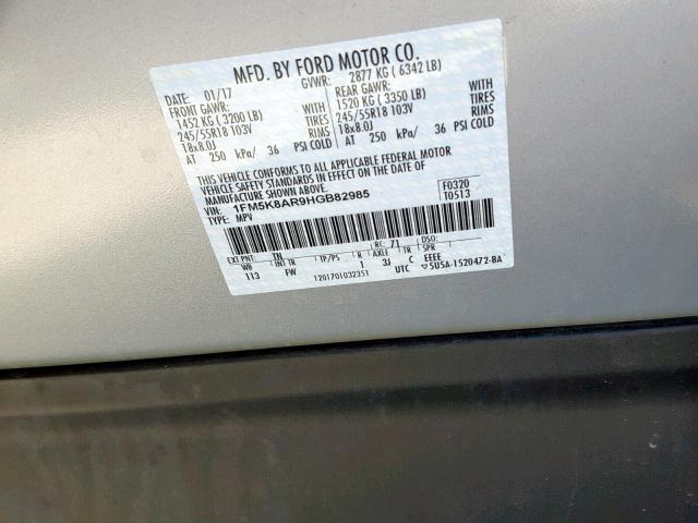 1FM5K8AR9HGB82985 - 2017 FORD EXPLORER P SILVER photo 10