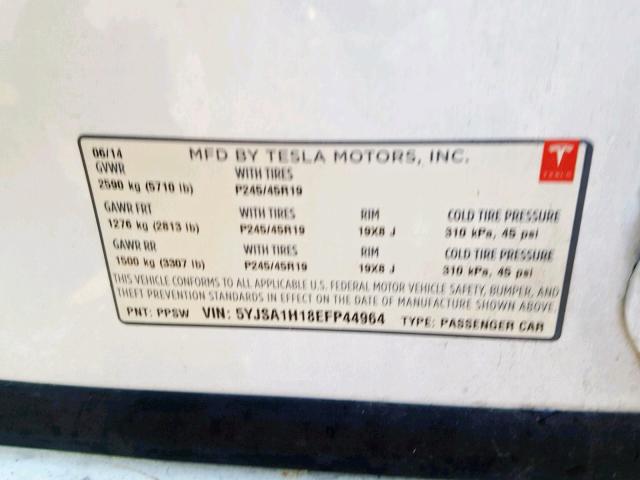 5YJSA1H18EFP44964 - 2014 TESLA MODEL S WHITE photo 10