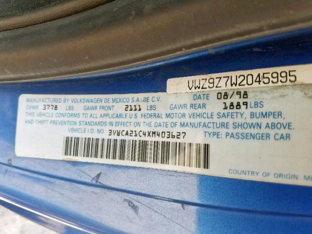 3VWCA21C4XM403627 - 1999 VOLKSWAGEN NEW BEETLE 蓝色 照片 10