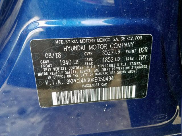 3KPC24A30KE050494 - 2019 HYUNDAI ACCENT SE BLUE photo 10