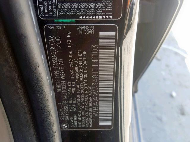 WBAAW33481ET41103 - 2001 BMW 325IT BLACK photo 10