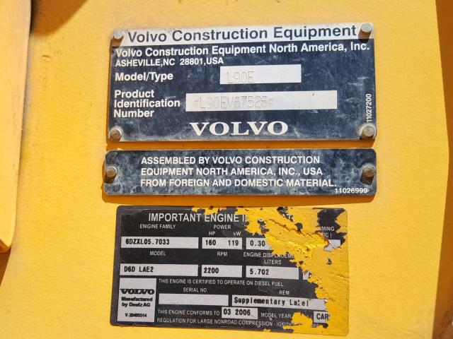 L90EV67526 - 2005 VOLVO L90E YELLOW photo 10