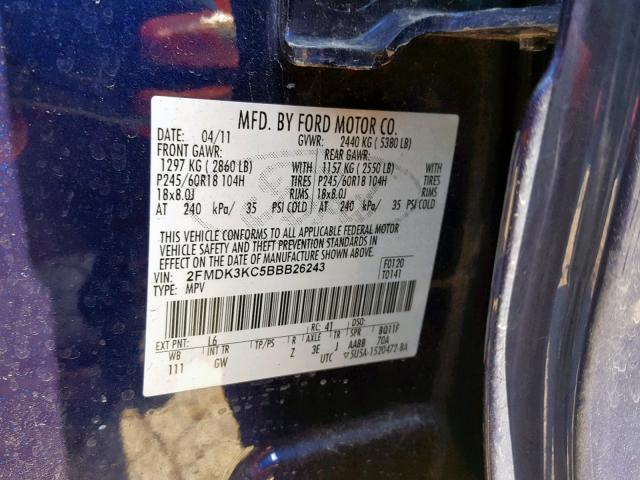 2FMDK3KC5BBB26243 - 2011 FORD EDGE LIMIT BLUE photo 10