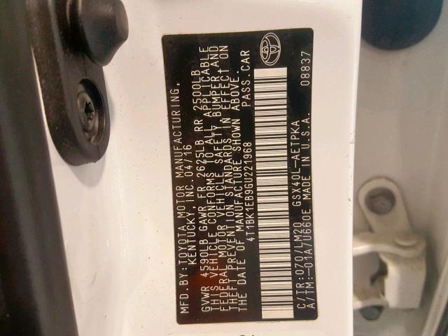 4T1BK1EB9GU221968 - 2016 TOYOTA AVALON XLE WHITE photo 10