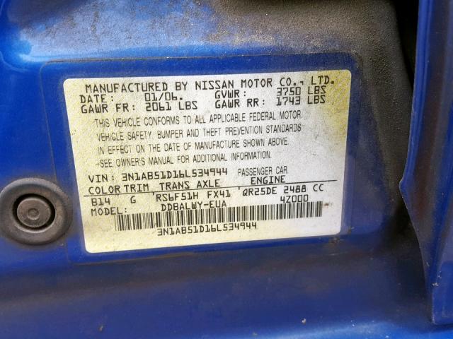 3N1AB51D16L534944 - 2006 NISSAN SENTRA SE- BLUE photo 10