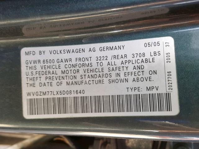 WVGZM77LX5D081640 - 2005 VOLKSWAGEN TOUAREG 4. GRAY photo 10