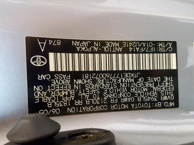 JTKDE177760072181 - 2006 TOYOTA SCION TC ვერცხლისფერი ფოტო 10