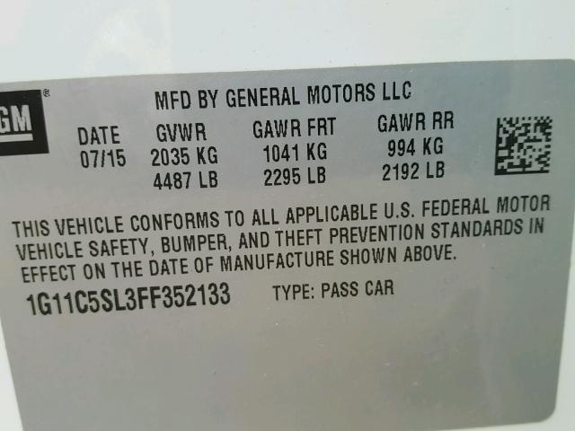 1G11C5SL3FF352133 - 2015 CHEVROLET MALIBU 1LT 白色 照片 10