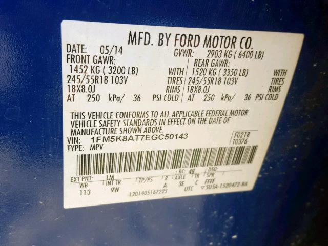 1FM5K8AT7EGC50143 - 2014 FORD EXPLORER P BLUE photo 10