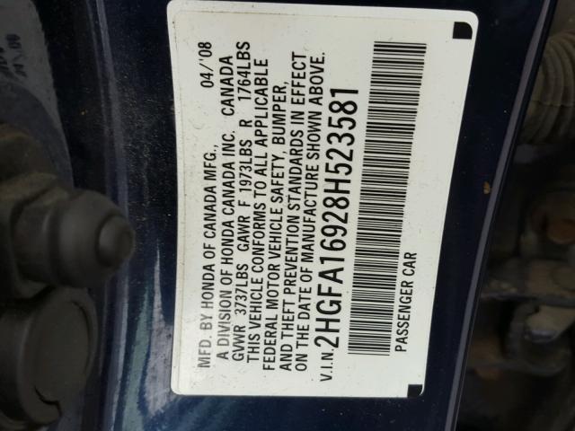 2HGFA16928H523581 - 2008 HONDA CIVIC EXL BLUE photo 10