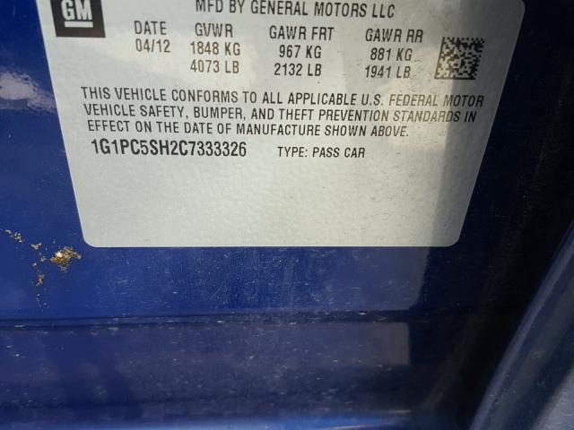 1G1PC5SH2C7333326 - 2012 CHEVROLET CRUZE LS BLUE photo 10