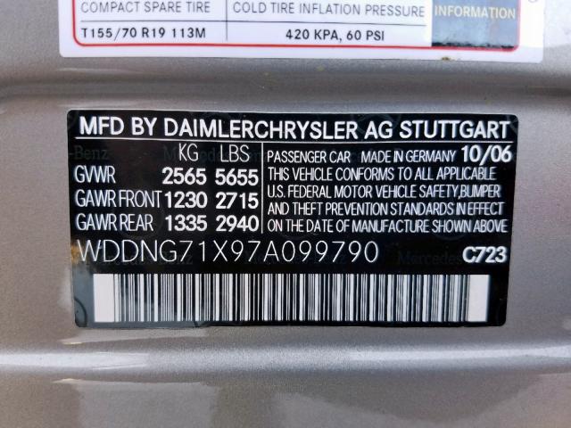 WDDNG71X97A099790 - 2007 MERCEDES-BENZ S 550 SILVER photo 10