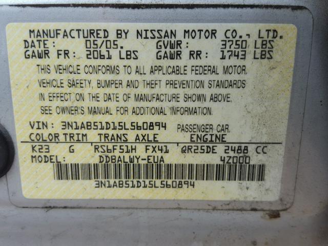 3N1AB51D15L560894 - 2005 NISSAN SENTRA SE- SILVER photo 10