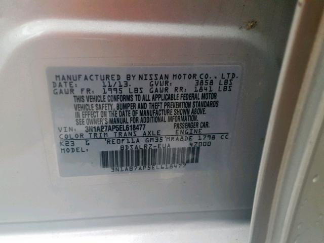 3N1AB7AP5EL618477 - 2014 NISSAN SENTRA S 银色 照片 10